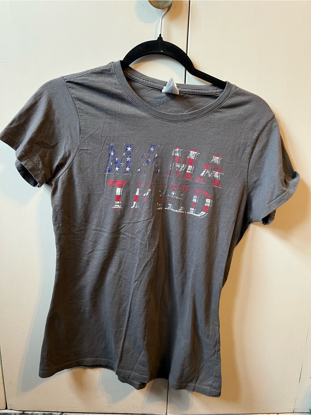 Gray Graphic Tee with American Flag Lettering